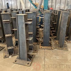 Steel columns erected in building frame, vertical load support